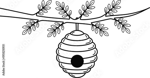 Beehive hanging from tree branch illustration, natural insect habitat artwork, environmental awareness design, pollination concept inspiration, ecological biodiversity drawing