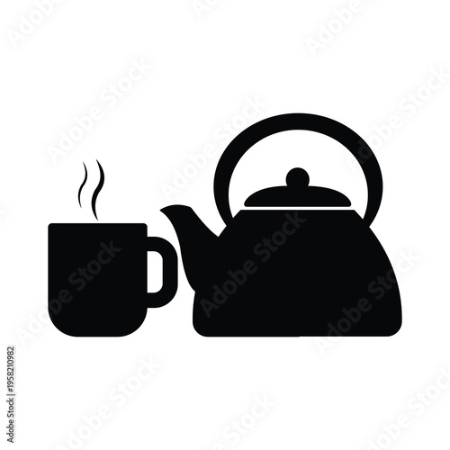 Teapot and teacup icon isolated on white background representing hot tea beverage and kitchen drinkware