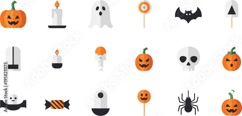 Halloween Flat Icon Set with Pumpkin, Ghost, Skull, Spider, Candy, Candle, and Bat Symbols for Holiday Decorations, Stickers, and Vector Design
