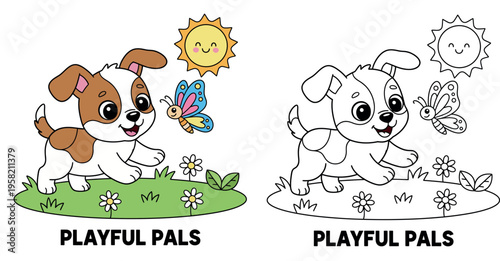 Adorable Cartoon Puppy Playing with a Butterfly in a Sunny Meadow with Flowers Illustration