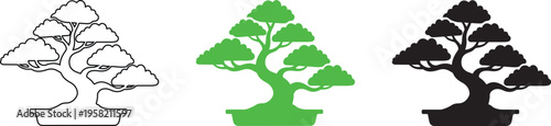 A collection of bonsai tree silhouettes in various colors and styles on a white background