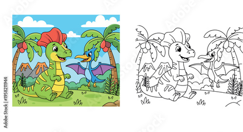 Cute Cartoon Dinosaur and Pterodactyl Friends in a Prehistoric Landscape with Palm Trees and Volcanoes