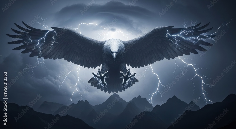 Fototapeta premium Powerful Bald Eagle Flying Through a Stormy Mountain Sky with Lightning