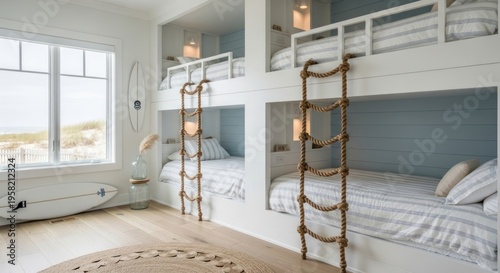 Bright and airy coastal bunk room in a modern beach house with ocean views.