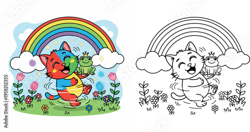 Cute colorful cartoon cat dancing with a green frog prince under a rainbow in a flower meadow