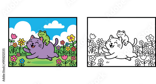 Cute cartoon purple cat running with a green frog on its back in a colorful flower meadow under a blue sky