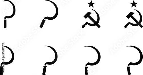 Sickle Silhouette Vector Set, Hammer and Sickle Soviet Symbols, Farming Tool Icons, Agricultural Hand Reaping Scythes Isolated on White Background