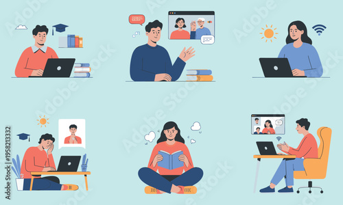 Collage of people engaged in online learning and communication with laptops and books education students