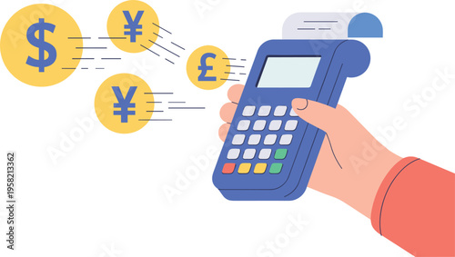 Hand holding payment terminal with flying currency symbols dollar yen pound on white background vector