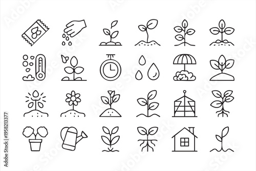Plant Lifecycle and Gardening Line Art Icons for Sustainable Farming Concepts