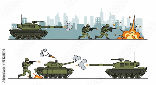 Dynamic vector illustration depicting intense military combat scenarios with armored tanks, infantry soldiers, and powerful explosions against a modern urban backdrop