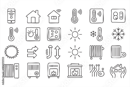 Climate Control and Home Automation Line Icons with Thermostat and Devices