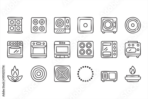 Kitchen Appliances Line Icons Featuring Oven Stove Microwave and Cooktop