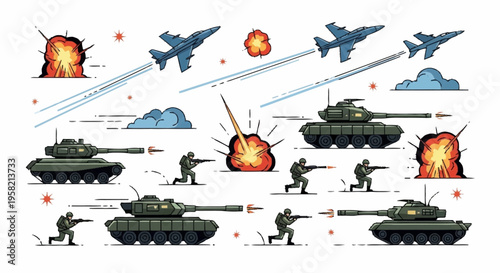 Warfare illustration featuring tanks, fighter jets, soldiers, and explosions in pixel art style