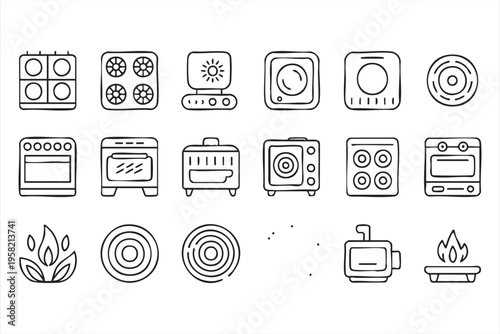 Cooking Equipment Icon Set with Kitchen Appliances and Culinary Tools