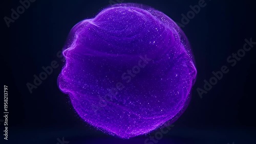 Glowing purple particle sphere with flowing energy waves and sparkling dust, glowing purple particle sphere floating dark space with ethereal swirl and soft light, glowing purple energy orb with