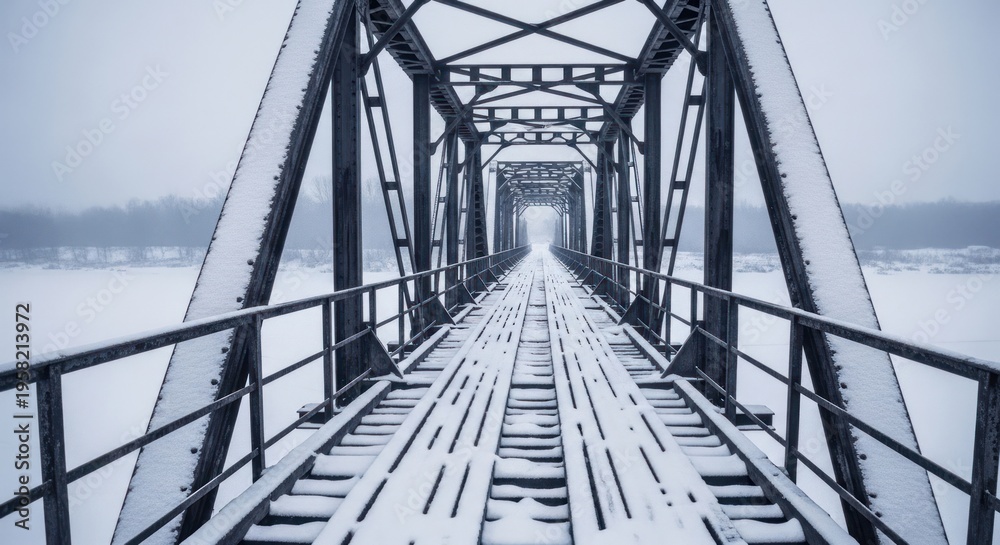 Fototapeta premium Snow covered railway bridge disappearing into a foggy winter landscape.