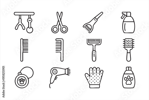 Pet Salon and Grooming Equipment Icons Featuring Brush Scissors and Spray