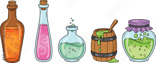 Magic Potion Bottles Set Vector Illustration, Witch Brew Fantasy Elixirs, Colorful Laboratory Flasks, Alchemy Glass Jars and Wooden Barrel Graphic