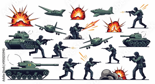 Pixelated War Scene Featuring Soldiers, Tanks, and Airplanes in Combat