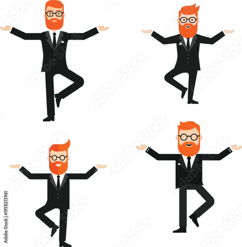 Flat vector illustration of a red bearded businessman character in a black suit performing yoga tree pose balance