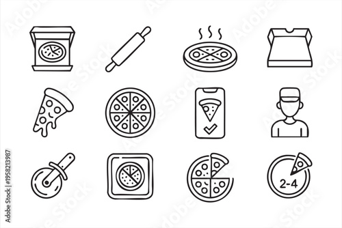 Pizza Delivery and Fast Food Line Icons with Slice Box and Chef