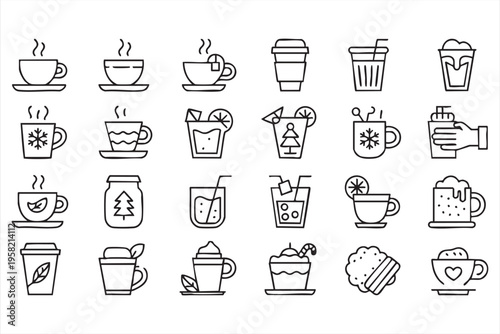 Coffee and Beverage Line Icons with Cafe Drinks and Menu Elements