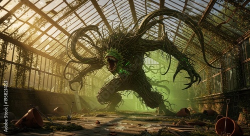 A monstrous plant creature stands menacingly in an abandoned, overgrown greenhouse.