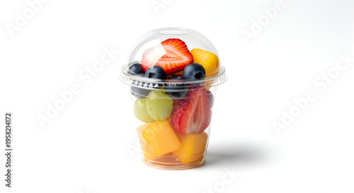 Fresh fruit salad in a clear plastic cup with lid with fruit mix