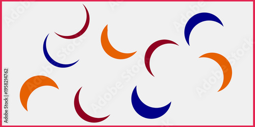 Vector illustration set of abstract crescent shape wallpaper colored with blue , red and orange with red border 