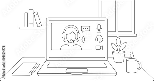 Remote Work and Customer Support Concept: Minimalist Line Art of a Laptop with Female Agent Avatar, Headset, and Desktop Essentials on Workspace Background.