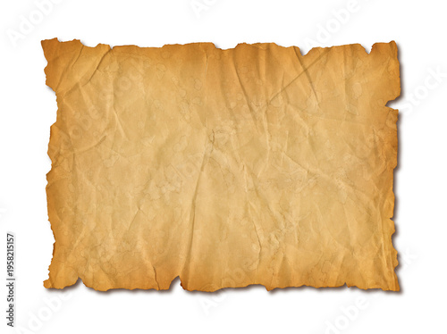 Old crumpled mediaeval Parchment paper scroll isolated on white