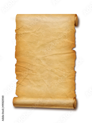 Old crumpled mediaeval Parchment paper scroll isolated on white