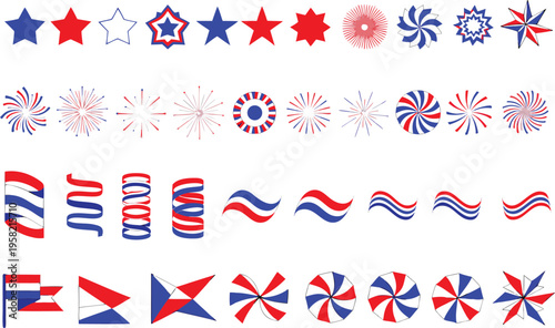 Collection of festive patriotic red white and blue design elements for holiday celebrations Vector