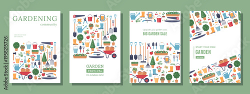 Garden posters. Banner templates with garden tools. Backgrounds with gardening instruments and copy space. Set of card layouts. Collection horticulture flyers. Vector illustration. Flat design.