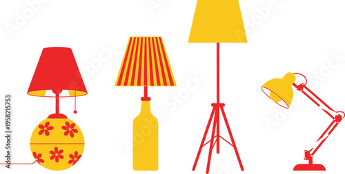 Colorful decorative lamps with floral base, striped shade, tripod floor lamp, adjustable desk lamp, modern lighting design, interior decor inspiration, stylish home accents