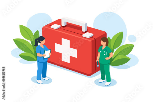 Medical professionals with first aid kit and green leaves.