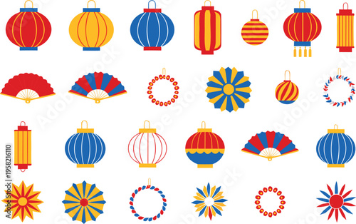 Set of colorful traditional chinese lanterns and folding fans for festive holiday decoration use Vector