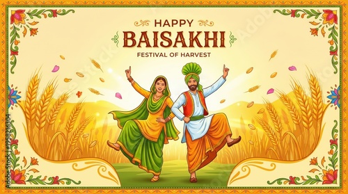 Happy Baisakhi featuring a Sikh couple dancing joyfully in a golden wheat field with falling petals and decorative borders