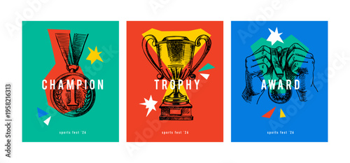 Banners with hand draw sport trophies, medals and cups in vintage sketch style. Celebration of athletic victory, motivation and team spirit collage concept. Vector illustration