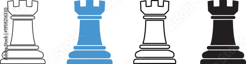 A blue rook stands out among three black and white chess pieces on a plain background