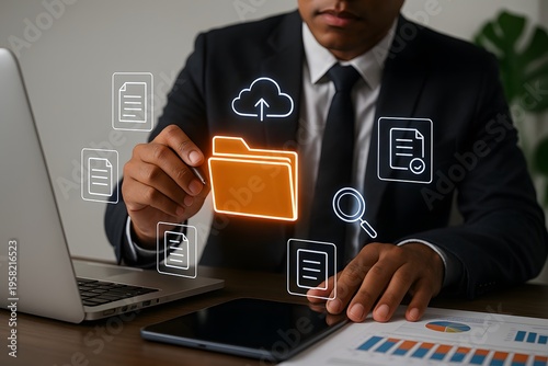 Business professional is actively organizing digital files and documents within an interactive folder management system, demonstrating efficient data storage and cloud computing.