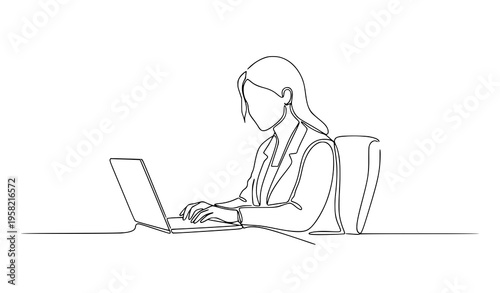 Continuous line businesswoman working on laptop side view minimal office vector illustration isolated on white background