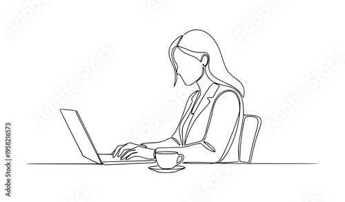 One line businesswoman working laptop with coffee side view minimal office vector illustration isolated on white background