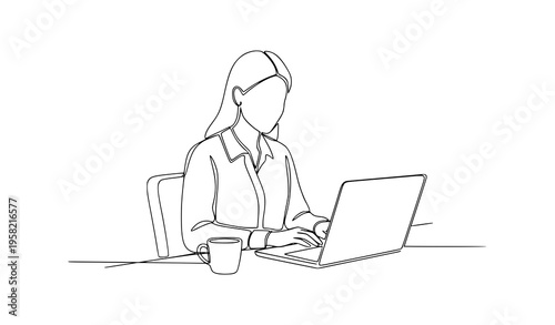 Minimal continuous line businesswoman laptop and coffee office work vector illustration isolated on white background
