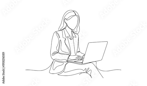 Minimal businesswoman laptop continuous line art drawing vector illustration isolated on white background
