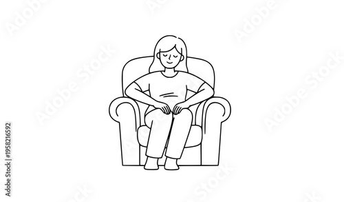 Simple outline happy girl sitting in armchair resting peacefully vector illustration isolated on white background