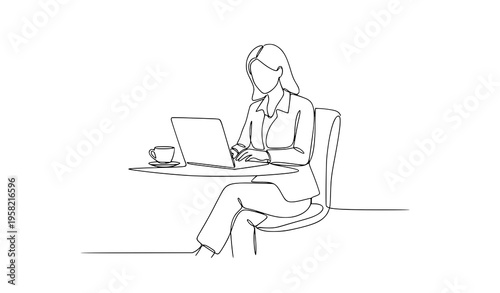 Continuous one line drawing businesswoman working on laptop with coffee minimal office vector illustration isolated on white background