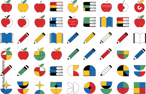 Collection of colorful educational icons featuring stylized apples books pencils and geometric shapes Vector