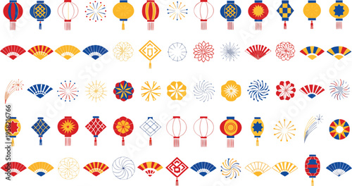 Collection of traditional chinese lanterns paper fans and festive firework elements for celebration Vector